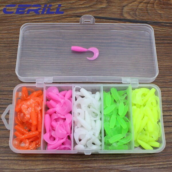 Cerill 150 pcs/kit 25mm Silicone Soft Fishing Lure Volume Tail Worm Bait Artificial Swimbait Jig Wobbler Bass Glow Shrimp Tackle