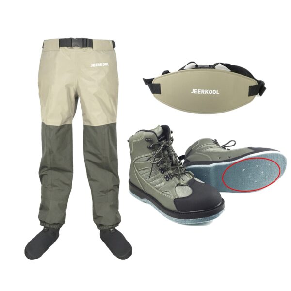 Jeerkool Waders Fly Fishing Shoes Nails Felt Sole & Waist Pants Belt Clothes Waterproof Hunting Suit Wading Upstream Boots Leaking Water