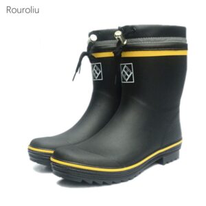 Men Winter Plush Warm Mid-Calf Rubber Rain Boots Outdoor Comfort Work Water Boots Autumn Waterproof Fishing Boots