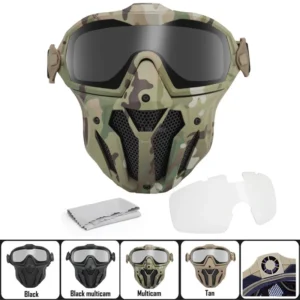 2 Lens Tactical Full Face Mask with Micro Fan Anti-fog Hunting Shooting Military Combat Masks Airsoft Paintball Mask Goggles Set