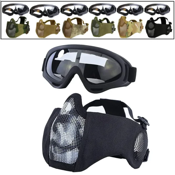 Airsoft Mask + Goggles Set Adjustable Metal Steel Mesh Half Face Protective for Paintball Shooting Cosplay CS War Game