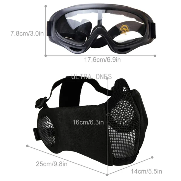 Airsoft Mask + Goggles Set Adjustable Metal Steel Mesh Half Face Protective for Paintball Shooting Cosplay CS War Game
