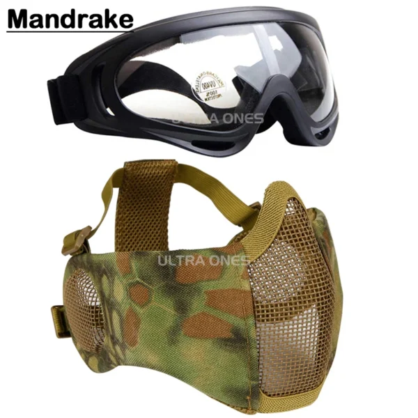 Airsoft Mask + Goggles Set Adjustable Metal Steel Mesh Half Face Protective for Paintball Shooting Cosplay CS War Game