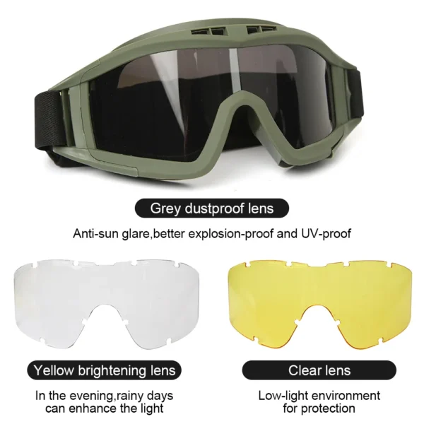 JSJM Airsoft Tactical Goggles 3 Lens Windproof Dustproof Shooting  Glasses CS Safe Protection