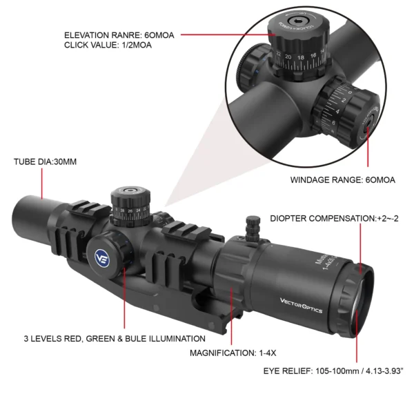 Vector Optics Mustang 1-4x30SFP Riflescope t With Turret Lock Red &Green &Blue Illumination For AR15 5.56
