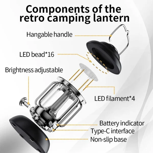 Outdoor Camping Lantern Portable USB Rechargeable Lamp Retro LED Light For Emergency Fishing Hiking Tent Nightlight Waterproof