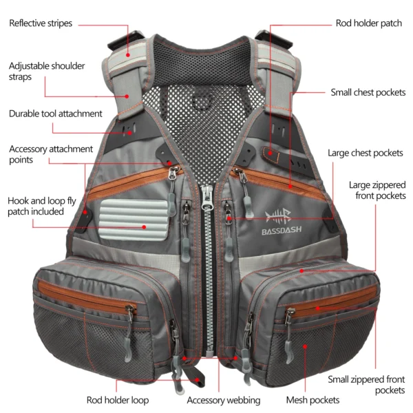 BASSDASH's FV09 Fly Fishing Vest for Youths Kids Adjustable Size with Multiple Pockets