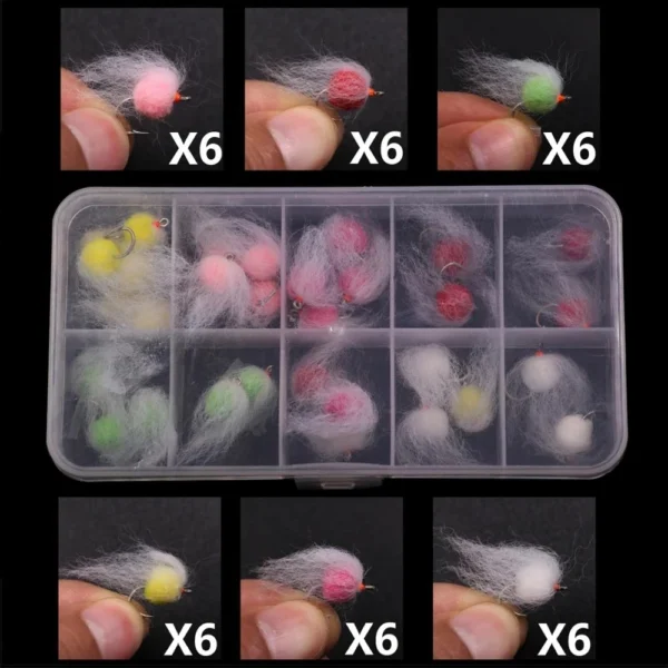 WIFREO's 36pcs/Box Milking Egg Fly Combo Set Trout Glow Bug Size 12#
