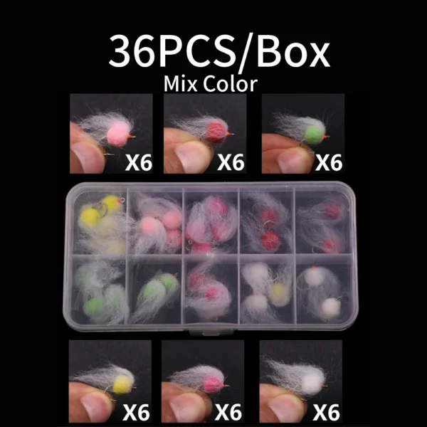 WIFREO's 36pcs/Box Milking Egg Fly Combo Set Trout Glow Bug Size 12#